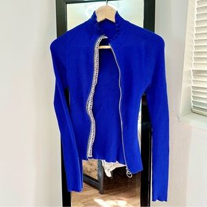 Fitted Zip Front Stretch Ribbed Knit Sweater